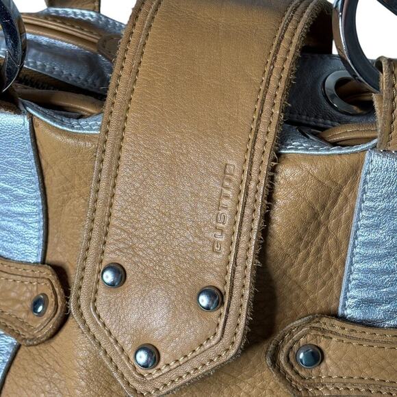 Gustto Italian Leather Large Satchel Bag Tan Silver - Picture 2 of 10